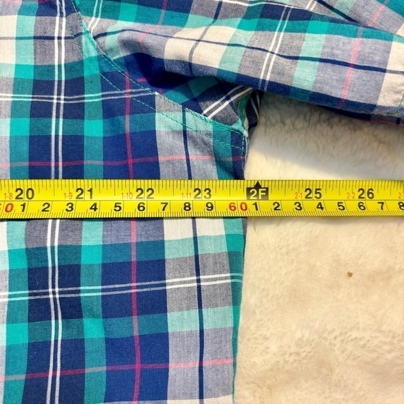 Chaps Button-Down Shirt Large Blue Teal Green White Plaid Easy Care Short Speve - Picture 8 of 9